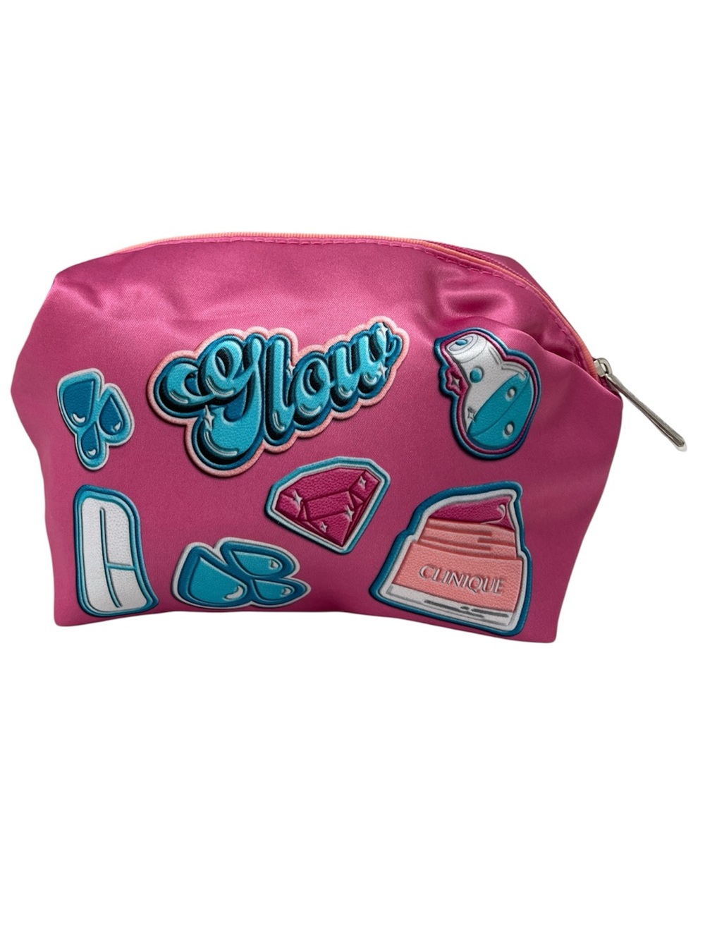 Clinique NWOT Glow Pink Cosmetic Bag Pouch with Blue Accents Satin Barbie Core